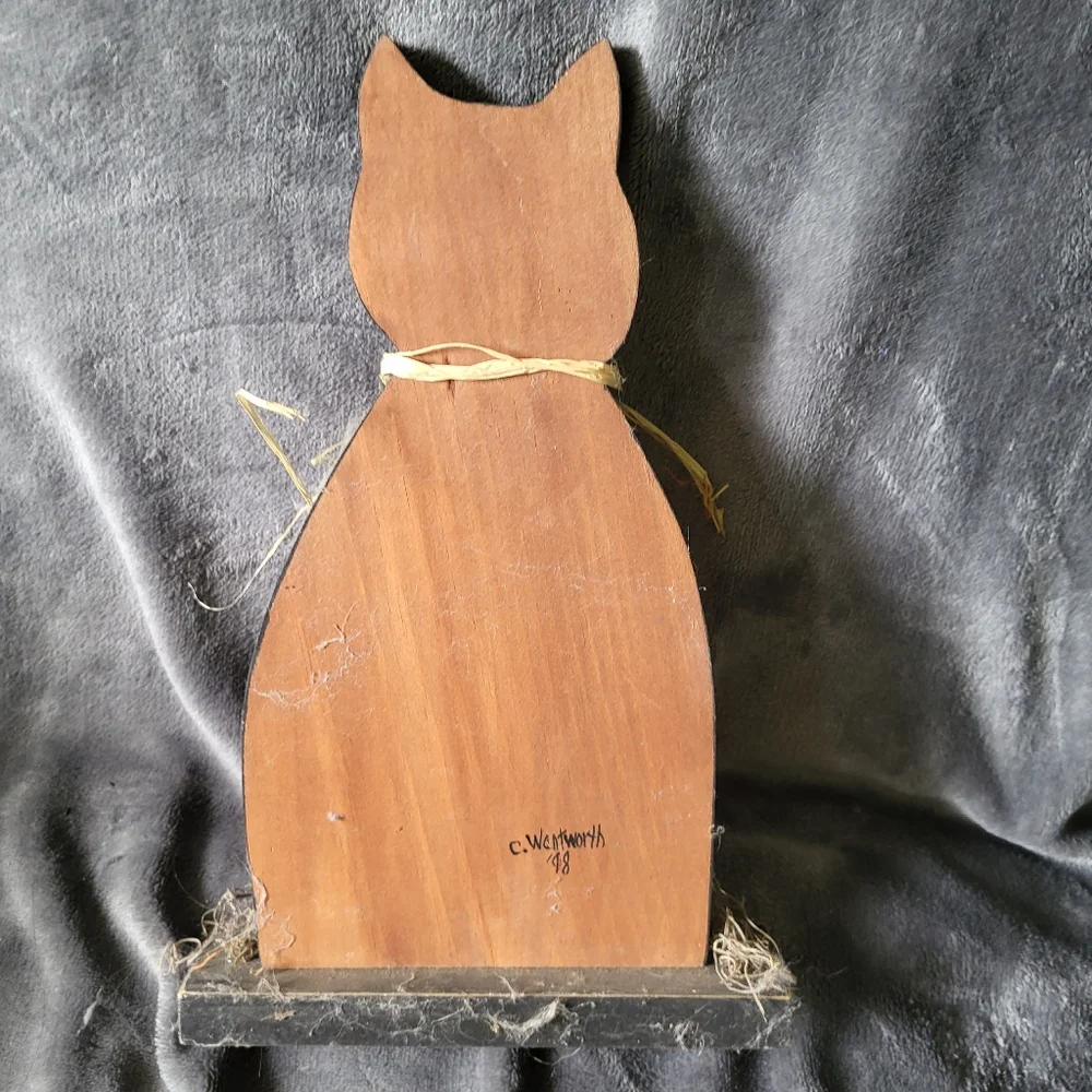 Vintage wooden halloween black cat with ghost decor